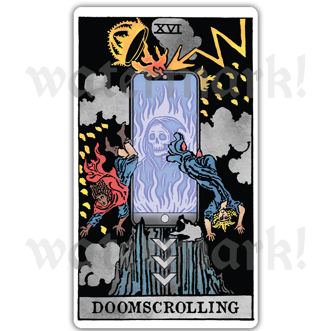 Doomscrolling arcanaless tarot card vinyl sticker depicting a skeleton trapped inside a smartphone in a modern tarot illustration