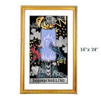 Doomscrolling tarot-inspired 16x24 fine art print by Matthew Pazzol, featuring a glowing smartphone, flaming skull, falling figures, smoke, and dark apocalyptic colors.