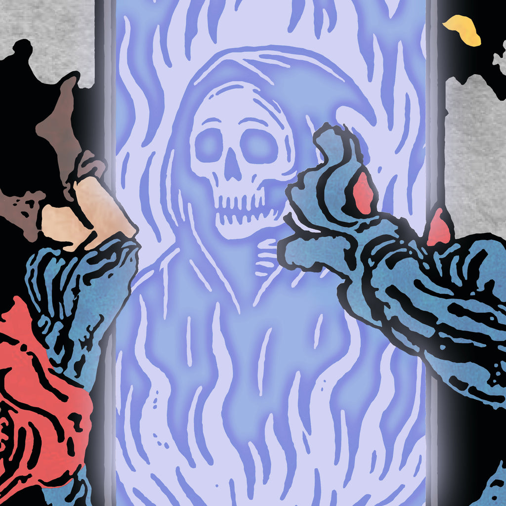 Close-up detail of the Doomscrolling tarot-inspired fine art print by Matthew Pazzol, featuring a glowing blue skeletal figure framed by hooded figures and red flames.