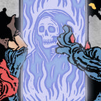 Close-up detail of the Doomscrolling tarot-inspired fine art print by Matthew Pazzol, featuring a glowing blue skeletal figure framed by hooded figures and red flames.