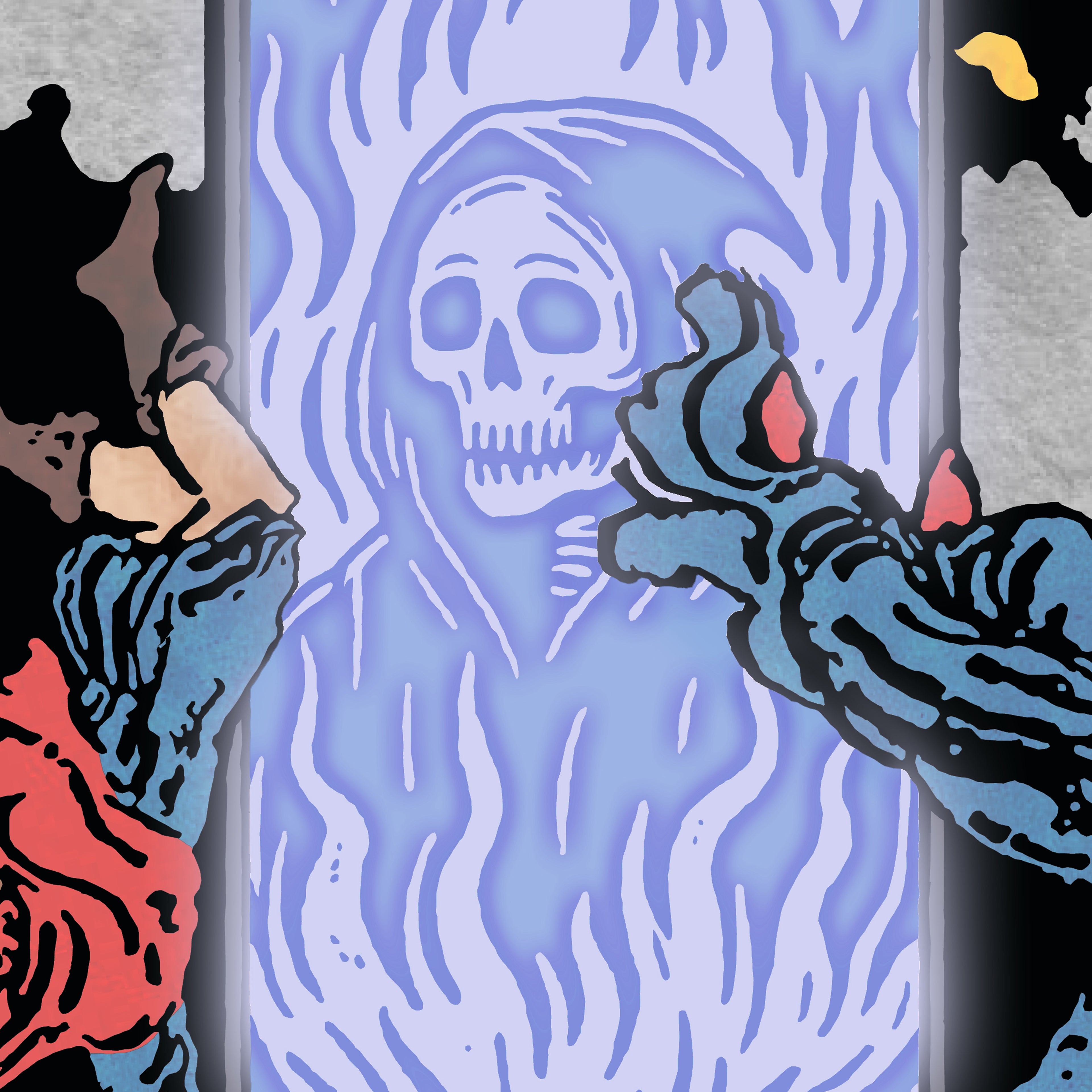 Close-up detail of the Doomscrolling tarot-inspired fine art print by Matthew Pazzol, featuring a glowing blue skeletal figure framed by hooded figures and red flames.