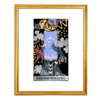 Doomscrolling tarot-inspired fine art print by Matthew Pazzol, featuring a glowing smartphone, a flaming skull, falling figures, smoke, and bold dark colors.