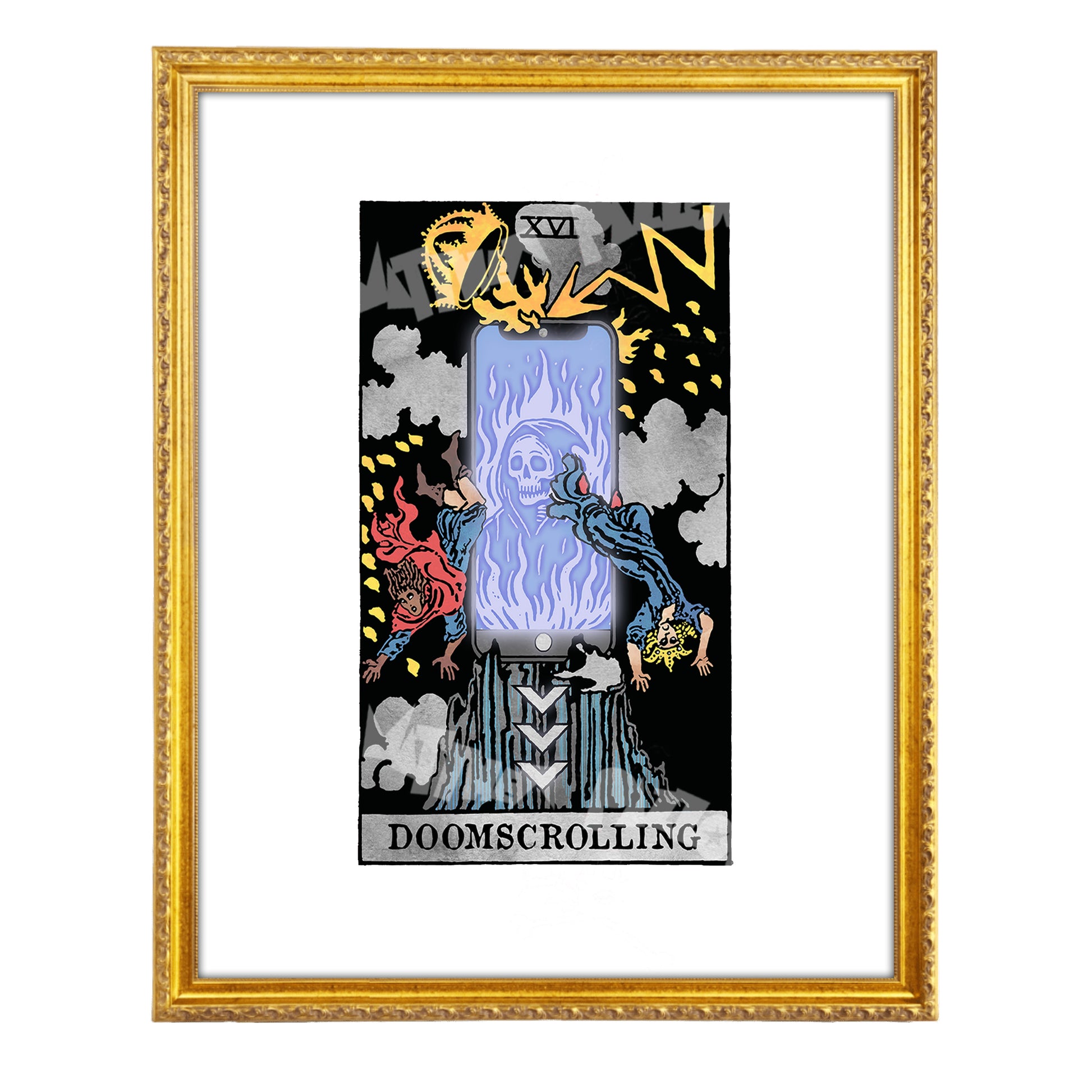 Doomscrolling tarot-inspired fine art print by Matthew Pazzol, featuring a glowing smartphone, a flaming skull, falling figures, smoke, and bold dark colors.