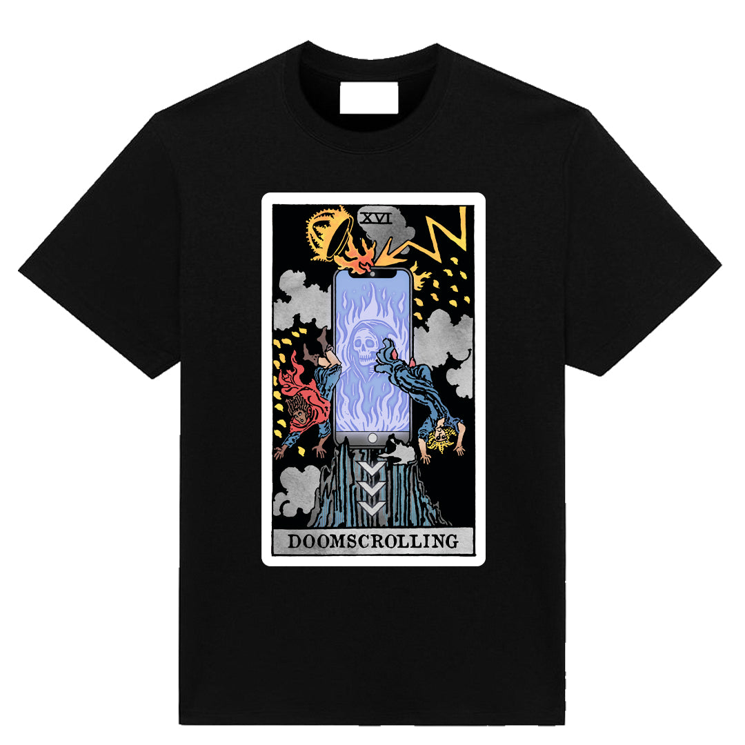 Doomscrolling Tarot T-Shirt by Neesh Labs featuring original occult digital-age artwork.