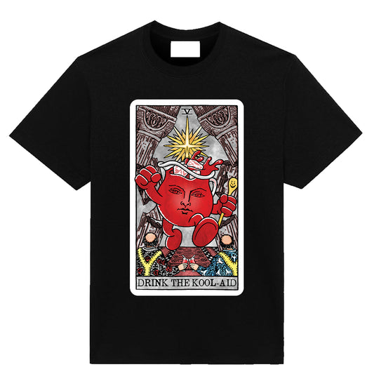 Black t-shirt featuring a parody Hierophant tarot card with a red Kool-Aid figure holding a staff and chalice, captioned “Drink the Kool-Aid” in gothic lettering.