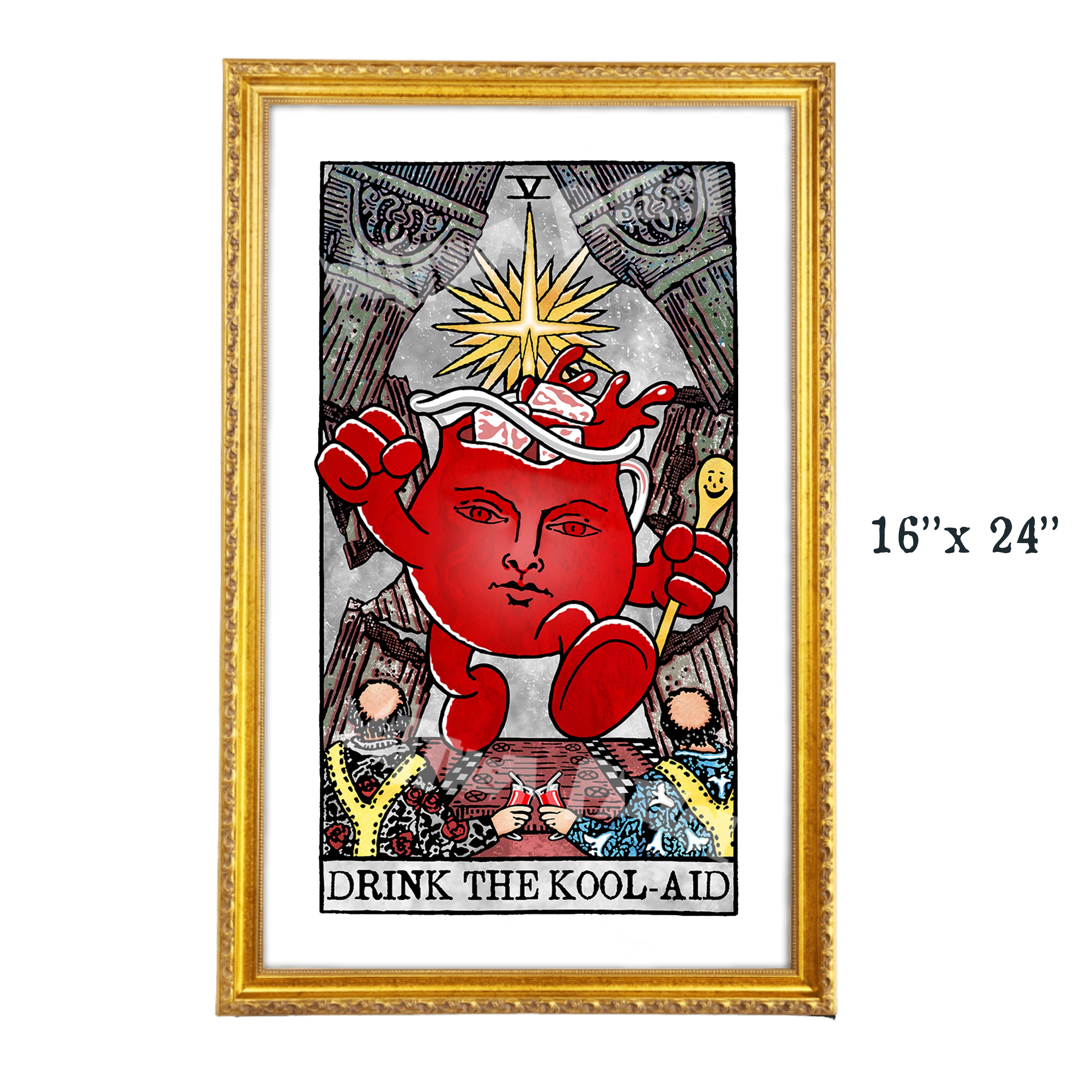 Drink the Kool-Aid tarot-inspired 16x24 fine art print by Matthew Pazzol, featuring a giant red pitcher holding a spoon above two devoted followers.