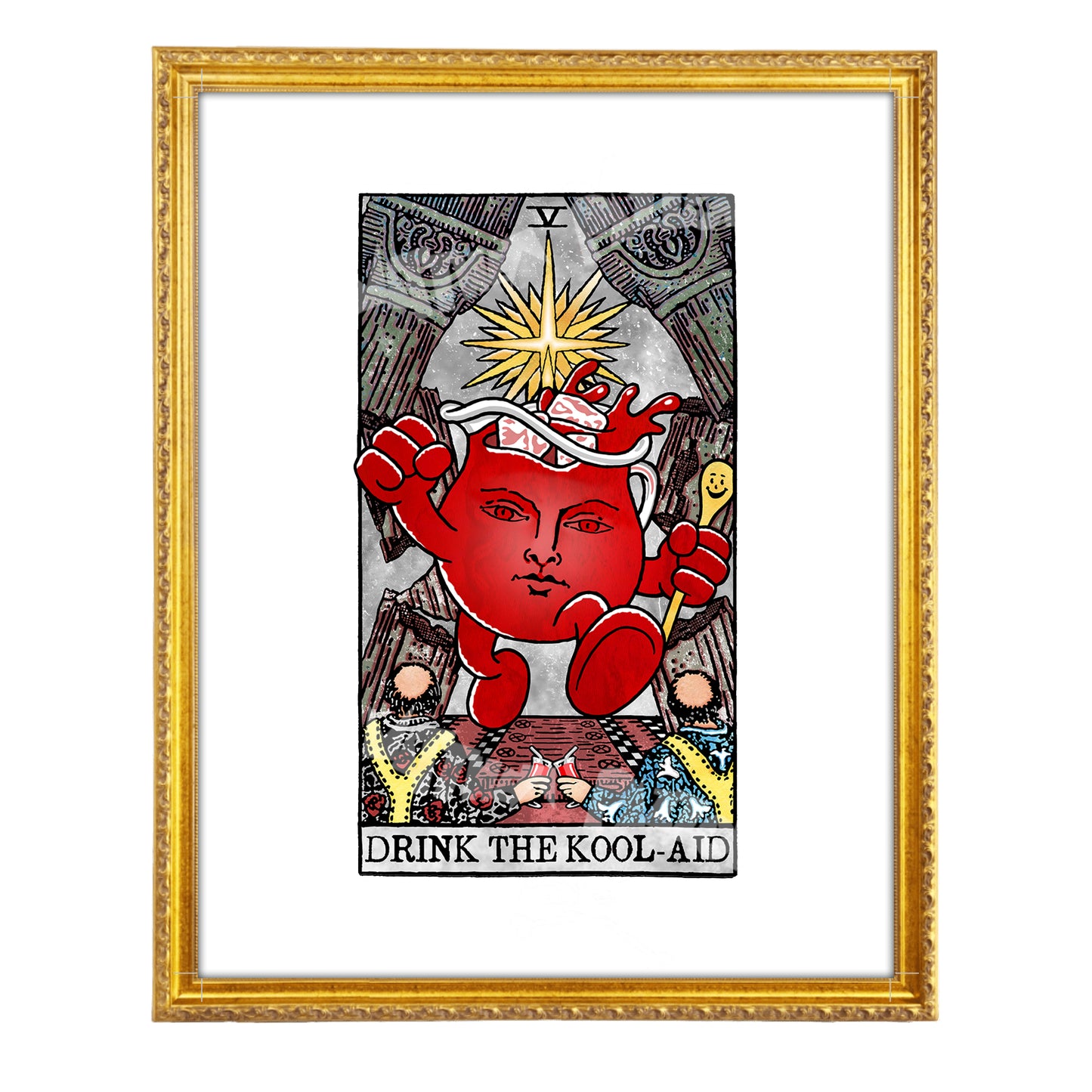 Drink the Kool-Aid tarot-inspired fine art print by Matthew Pazzol, featuring a giant red pitcher holding a spoon above two devoted followers.