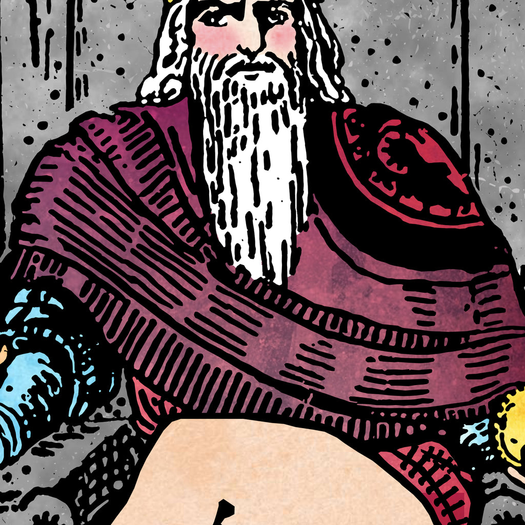 Close-up detail of the Emperoress tarot-inspired fine art print by Matthew Pazzol, featuring a bearded royal figure in purple robes seated behind a table.