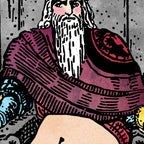 Close-up detail of the Emperoress tarot-inspired fine art print by Matthew Pazzol, featuring a bearded royal figure in purple robes seated behind a table.