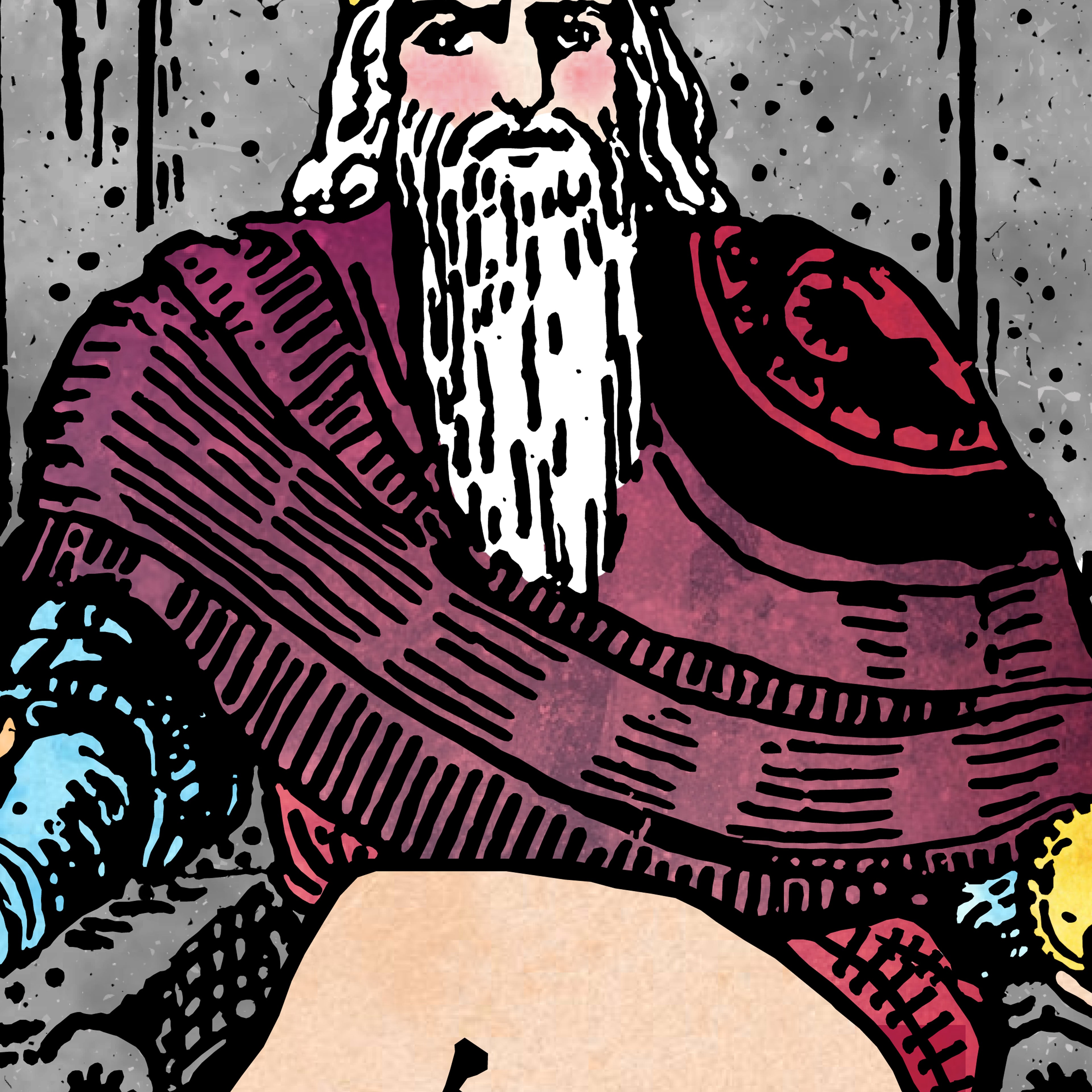 Close-up detail of the Emperoress tarot-inspired fine art print by Matthew Pazzol, featuring a bearded royal figure in purple robes seated behind a table.