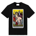 Black graphic T-shirt featuring the colorful Emperoressesses feminist tarot card artwork with three extravagant royal figures.