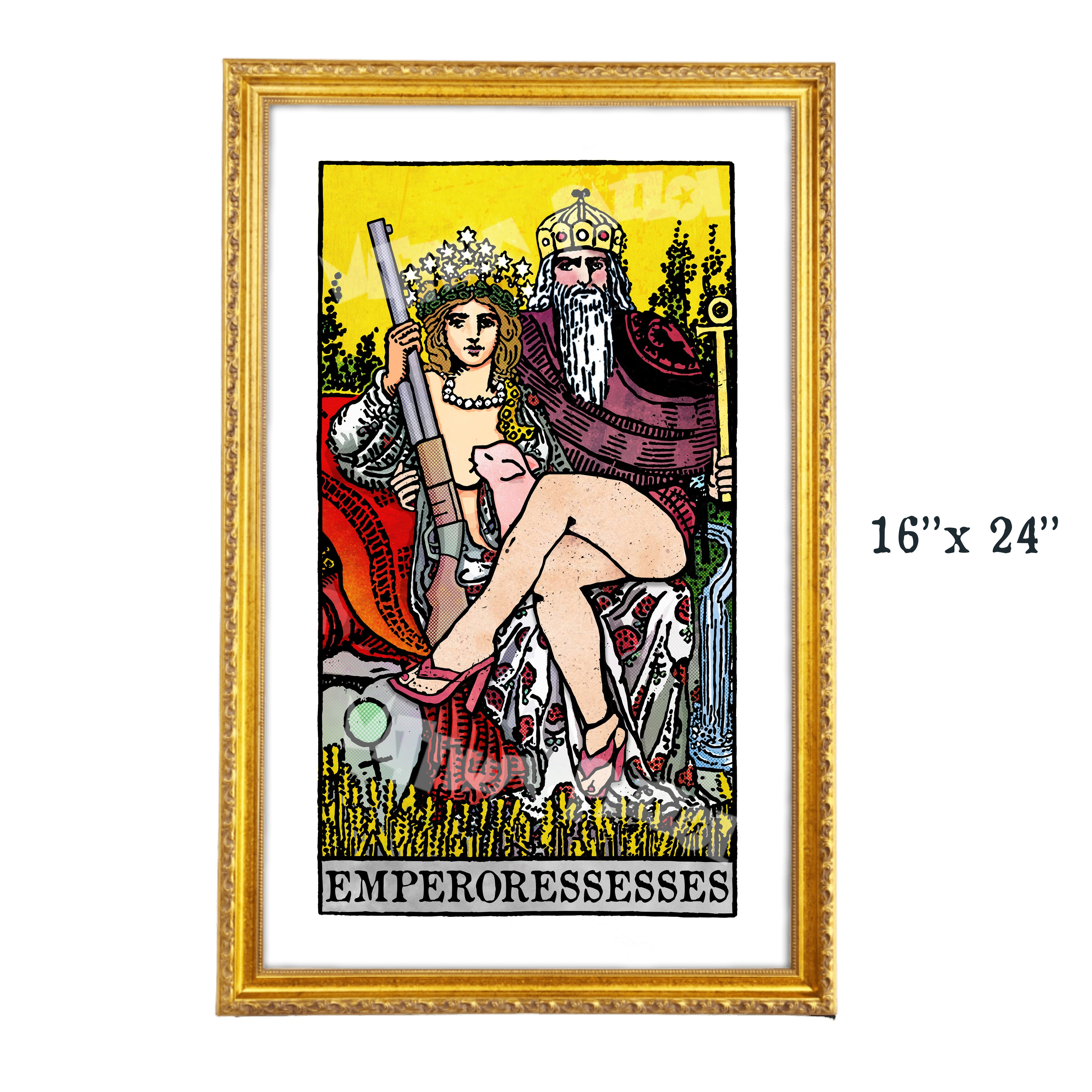 Emperoressesses tarot-inspired 16x24 fine art print by Matthew Pazzol, featuring two royal figures on a throne with a pig, shotgun, pearls, and bold vintage-style colors.