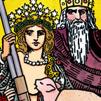 Close-up detail of the Emperoressesses tarot-inspired fine art print by Matthew Pazzol, featuring royal figures, an ornate crown, a sword, and a pink pig.