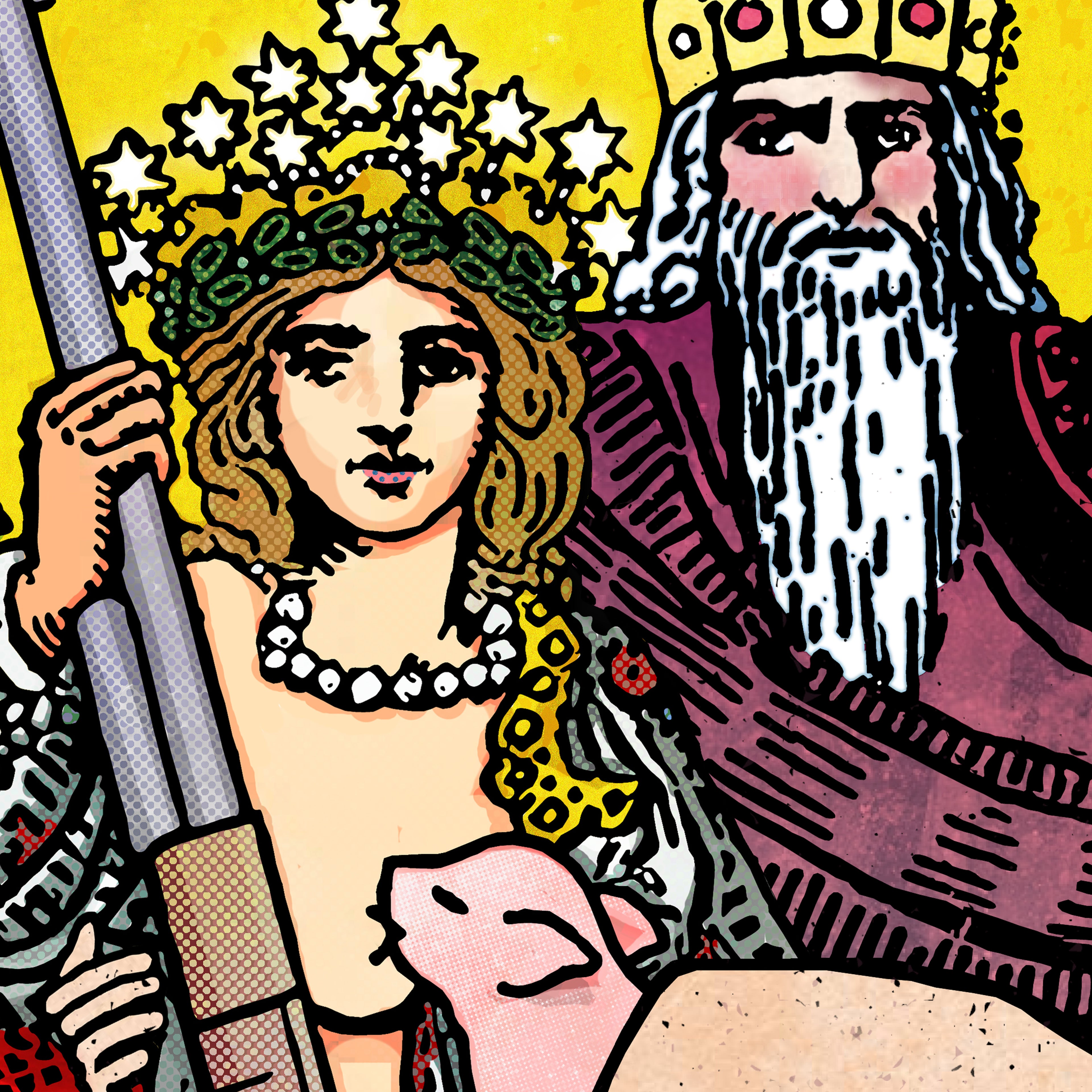 Close-up detail of the Emperoressesses tarot-inspired fine art print by Matthew Pazzol, featuring royal figures, an ornate crown, a sword, and a pink pig.
