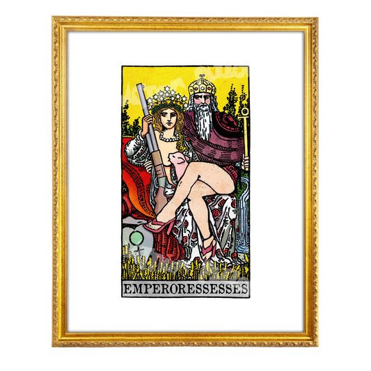 Emperoressesses tarot-inspired fine art print by Matthew Pazzol, featuring three royal figures, a throne, a pig, and bold vintage-style colors.