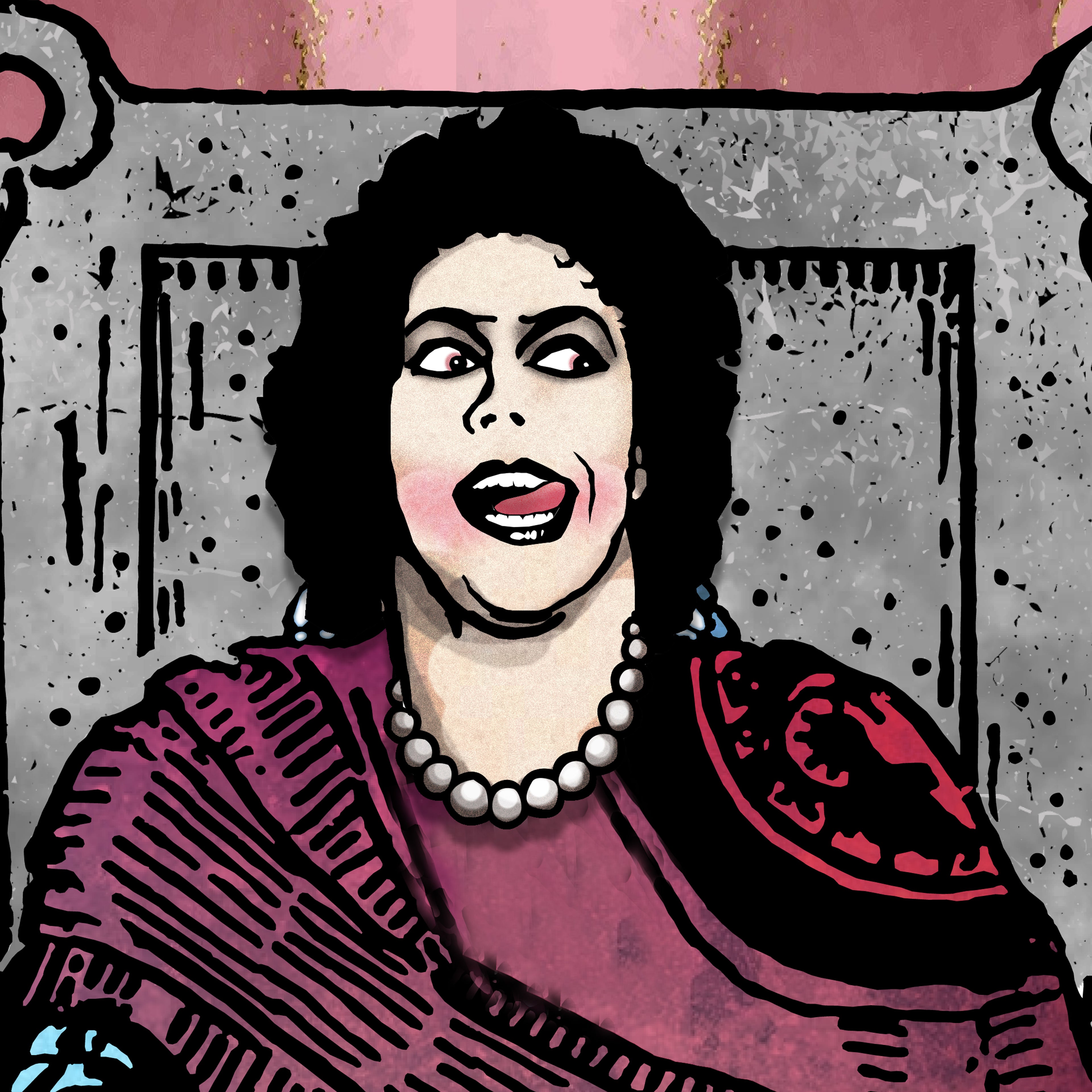 Close-up detail of the Dr. Frankfurter tarot-inspired fine art print by Matthew Pazzol, featuring a theatrical figure in a pearl necklace and purple robe.