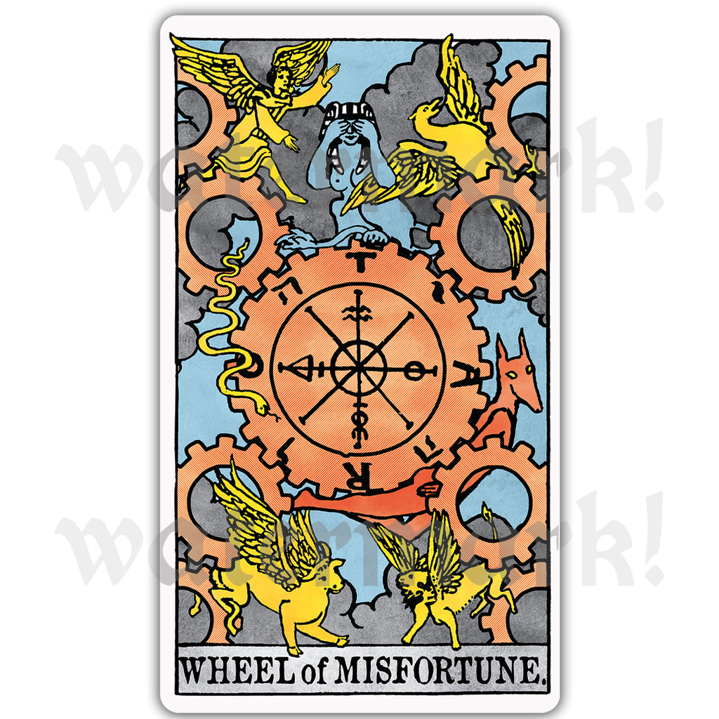 Wheel of Misfortune arcanaless tarot card vinyl sticker with symbolic gears and creatures in a modern tarot art style