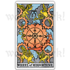 Wheel of Misfortune arcanaless tarot card vinyl sticker with symbolic gears and creatures in a modern tarot art style