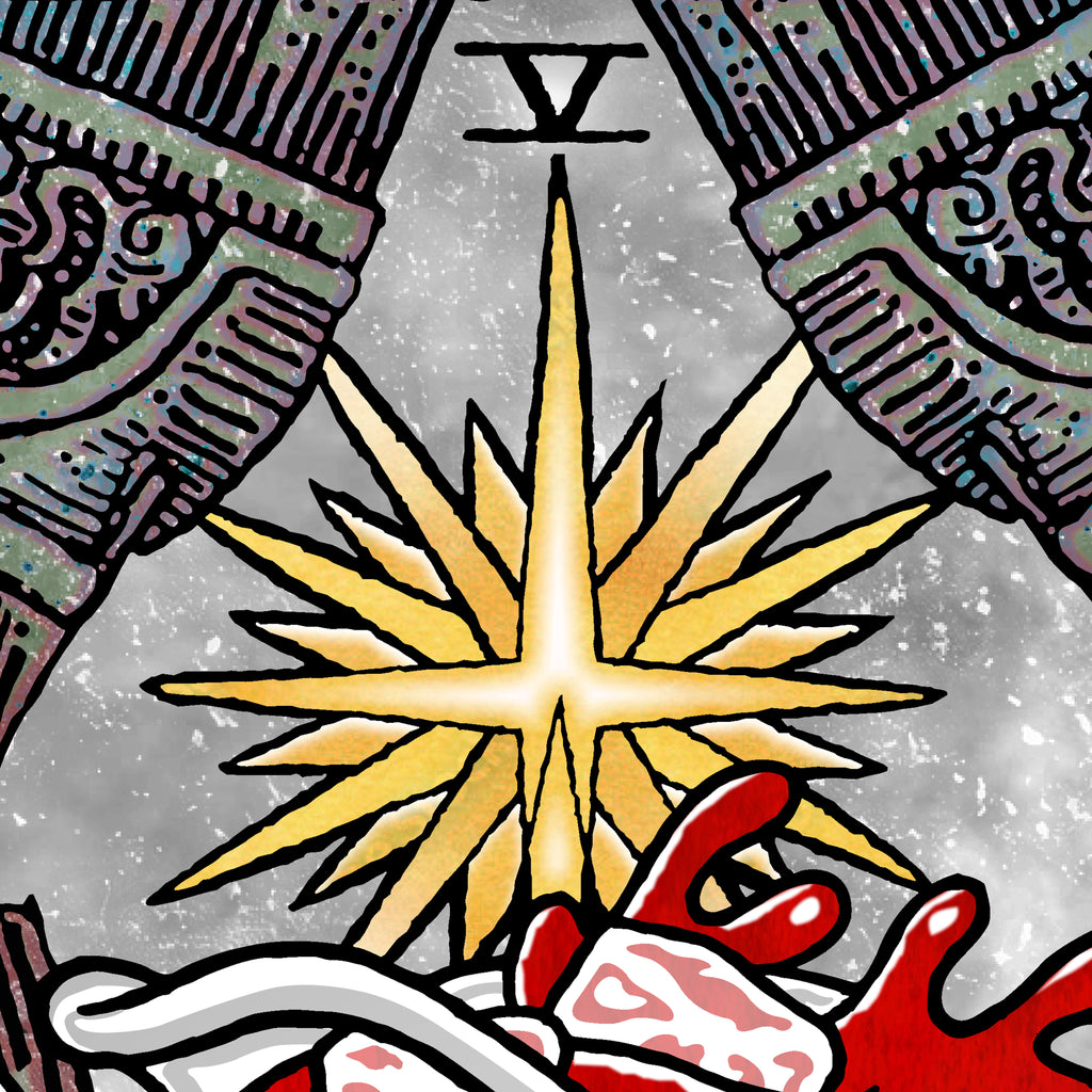 Close-up detail of the Hierophant Kool-Aid tarot-inspired fine art print by Matthew Pazzol, featuring a glowing starburst, raised cups, and spilled red liquid.