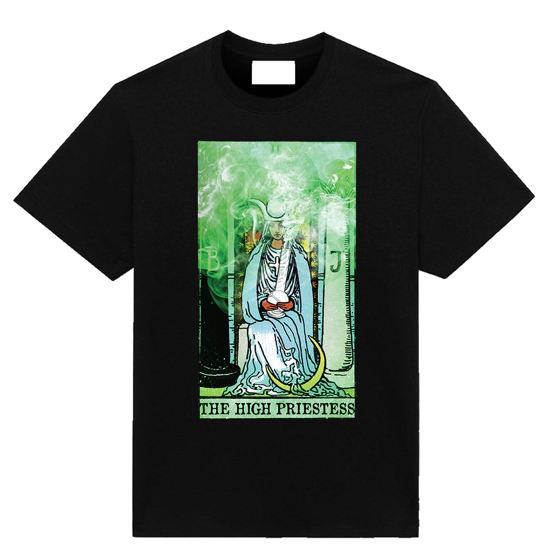 The High Priestess T-shirt with illustrated priestess smoking a bong, mystical tarot-inspired graphic on soft unisex tee