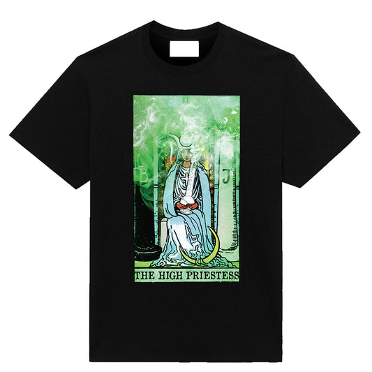 The High Priestess T-shirt with illustrated priestess smoking a bong, mystical tarot-inspired graphic on soft unisex tee