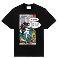 Black graphic T-shirt featuring a funny Death tarot card with speech bubbles reading I’m Death and That’s okay, I’ll speak louder.
