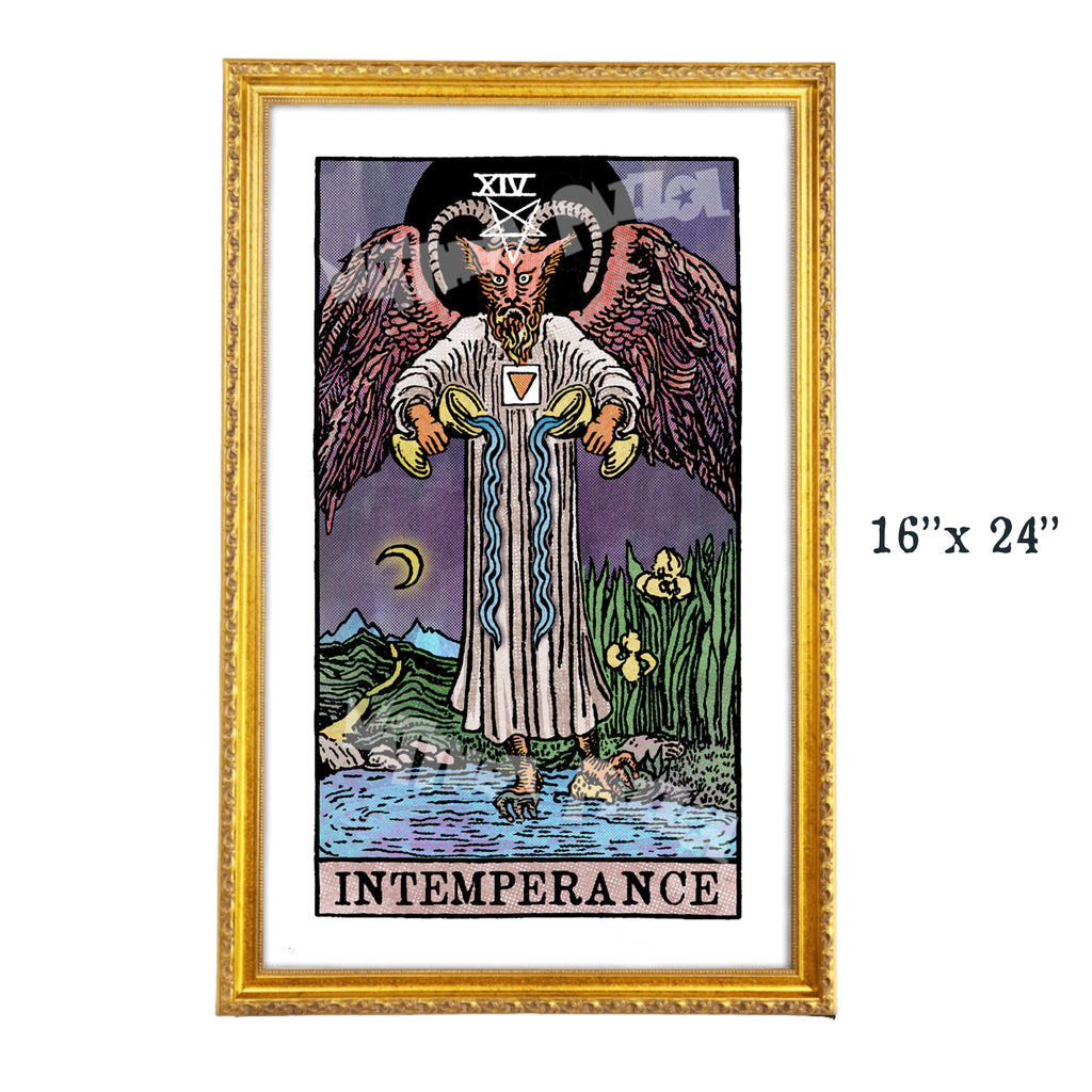 Intemperance tarot-inspired 16x24 fine art print by Matthew Pazzol, featuring a horned winged figure pouring water from two golden vessels beneath a dark moon.