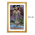 Intemperance tarot-inspired 16x24 fine art print by Matthew Pazzol, featuring a horned winged figure pouring water from two golden vessels beneath a dark moon.