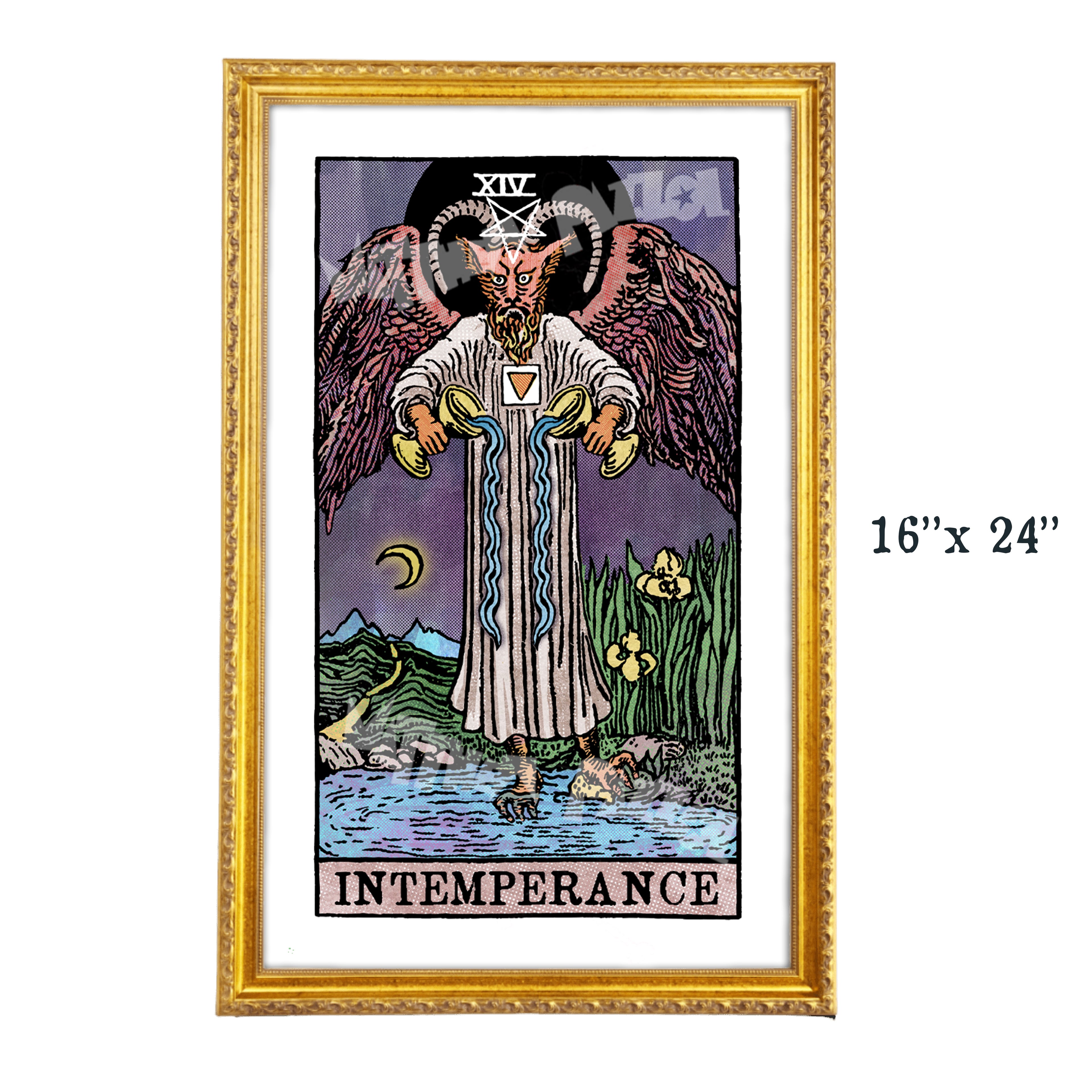Intemperance tarot-inspired 16x24 fine art print by Matthew Pazzol, featuring a horned winged figure pouring water from two golden vessels beneath a dark moon.