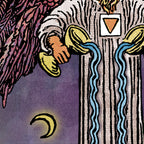 Close-up detail of the Intemperance tarot-inspired fine art print by Matthew Pazzol, featuring flowing blue water, a crescent moon, textured columns, and surreal organic forms.