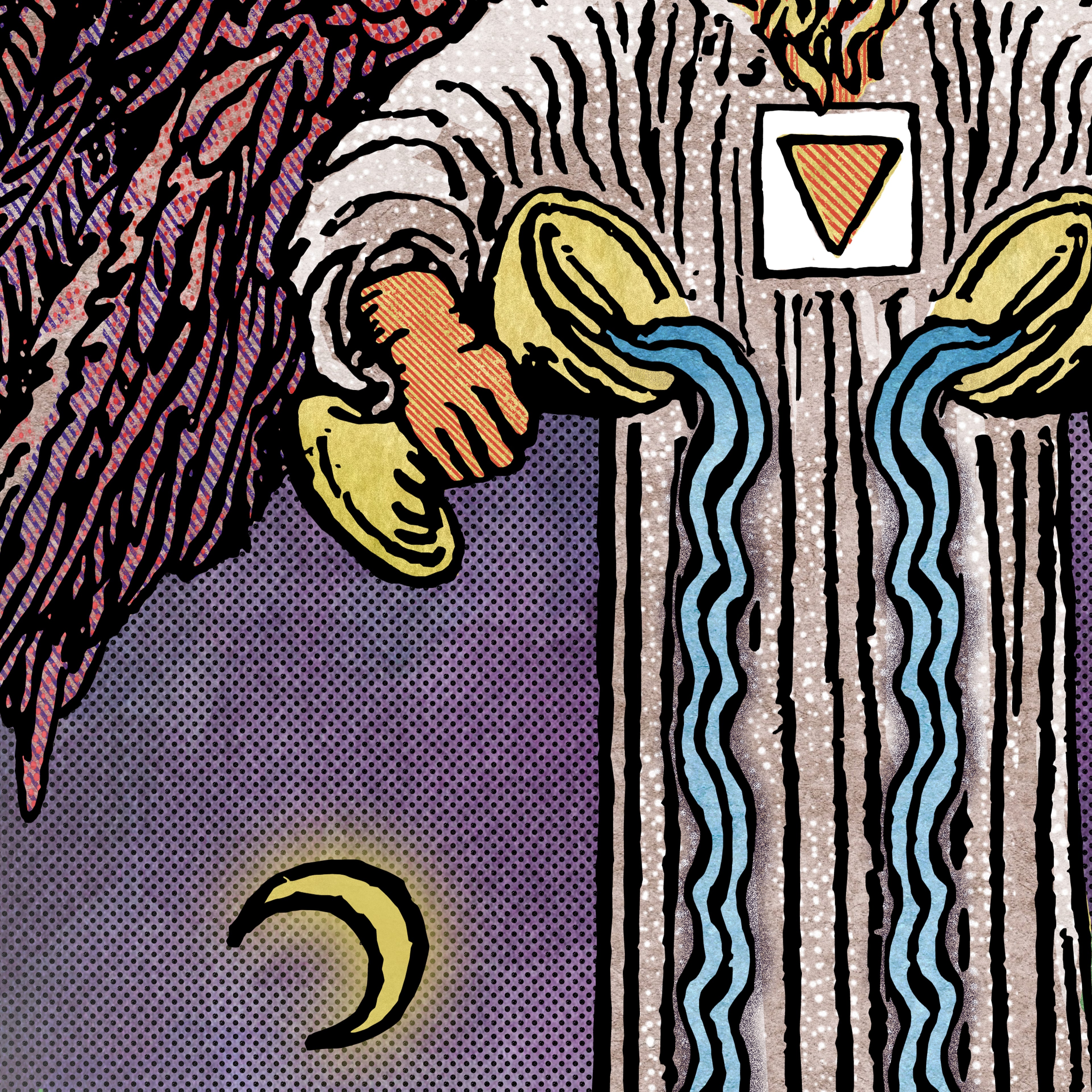 Close-up detail of the Intemperance tarot-inspired fine art print by Matthew Pazzol, featuring flowing blue water, a crescent moon, textured columns, and surreal organic forms.