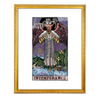 Intemperance tarot-inspired fine art print by Matthew Pazzol, featuring a horned winged figure pouring water from two golden vessels beneath a dark moon.