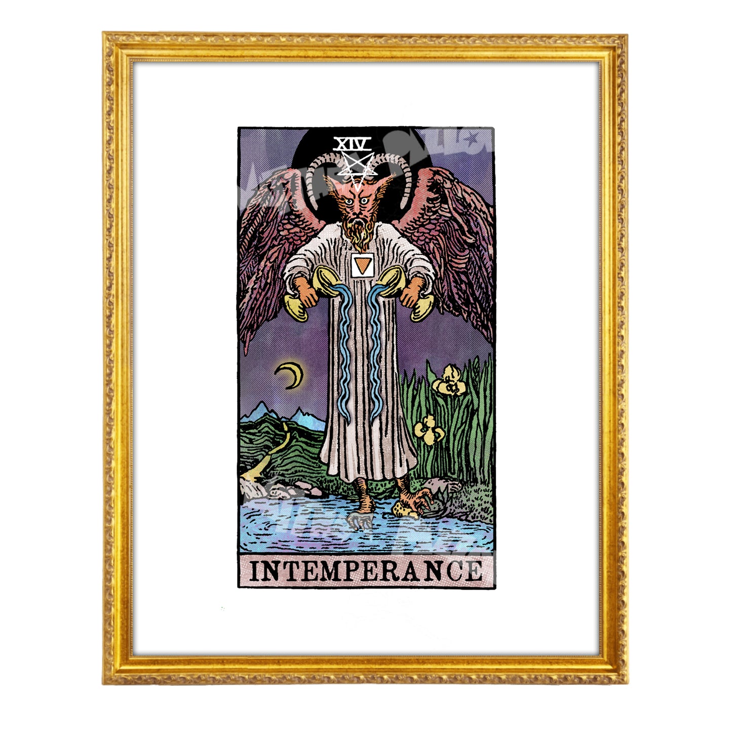 Intemperance tarot-inspired fine art print by Matthew Pazzol, featuring a horned winged figure pouring water from two golden vessels beneath a dark moon.
