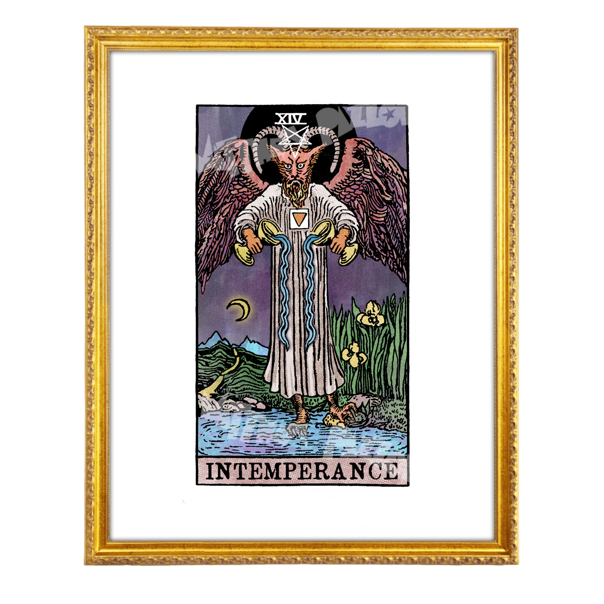 Intemperance tarot-inspired fine art print by Matthew Pazzol, featuring a horned winged figure pouring water from two golden vessels beneath a dark moon.
