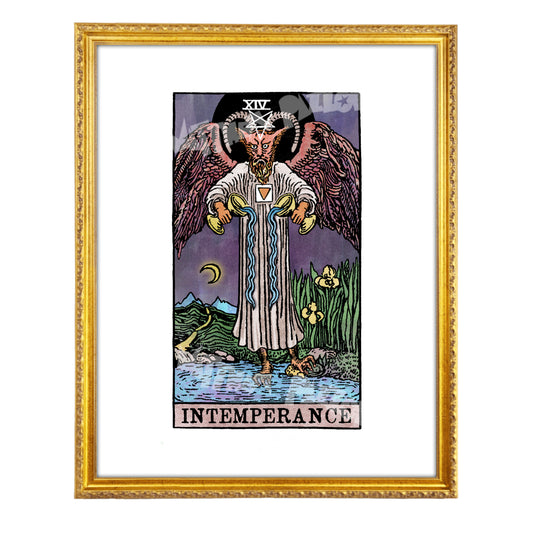 Intemperance tarot-inspired fine art print by Matthew Pazzol, featuring a horned winged figure pouring water from two golden vessels beneath a dark moon.