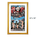 Judgement tarot-inspired 16x24 fine art print by Matthew Pazzol, featuring a sinister puppet-like figure, saw blades, smoke, and bodies rising from open graves.