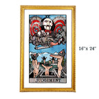 Judgement tarot-inspired 16x24 fine art print by Matthew Pazzol, featuring a sinister puppet-like figure, saw blades, smoke, and bodies rising from open graves.