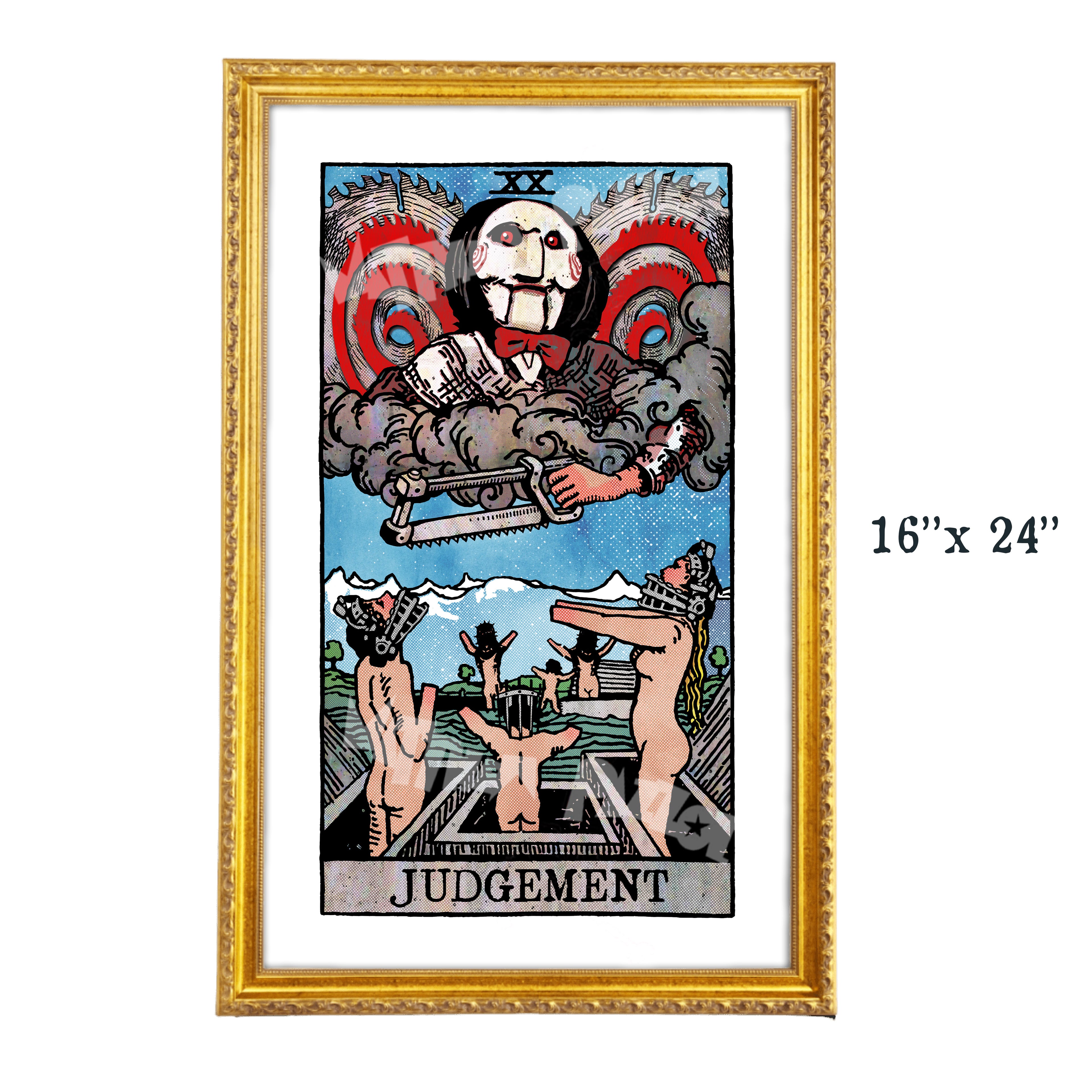 Judgement tarot-inspired 16x24 fine art print by Matthew Pazzol, featuring a sinister puppet-like figure, saw blades, smoke, and bodies rising from open graves.