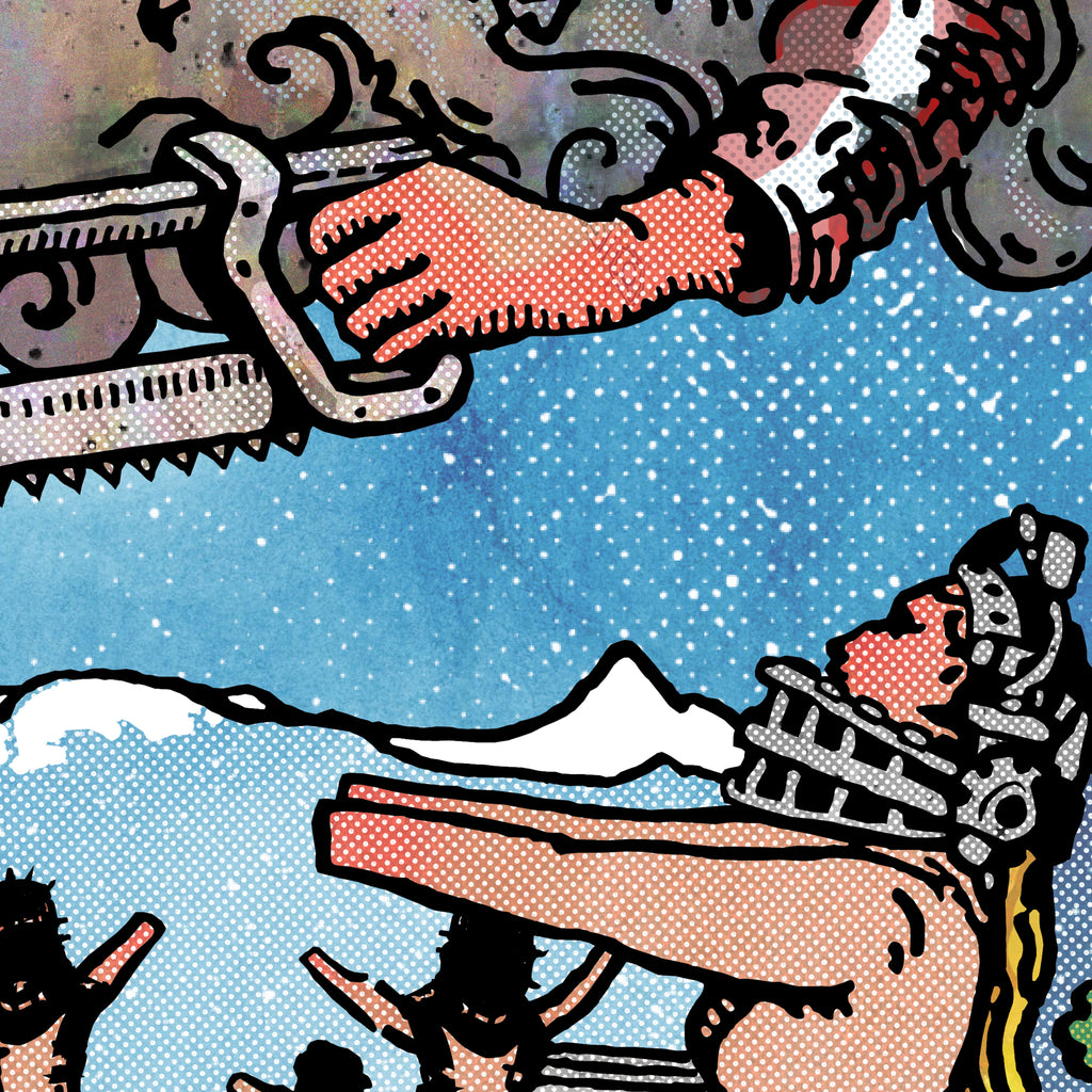Close-up detail of the Judgement tarot-inspired fine art print by Matthew Pazzol, featuring mechanical figures, an outstretched hand, snowy mountains, and a blue sky.