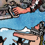 Close-up detail of the Judgement tarot-inspired fine art print by Matthew Pazzol, featuring mechanical figures, an outstretched hand, snowy mountains, and a blue sky.