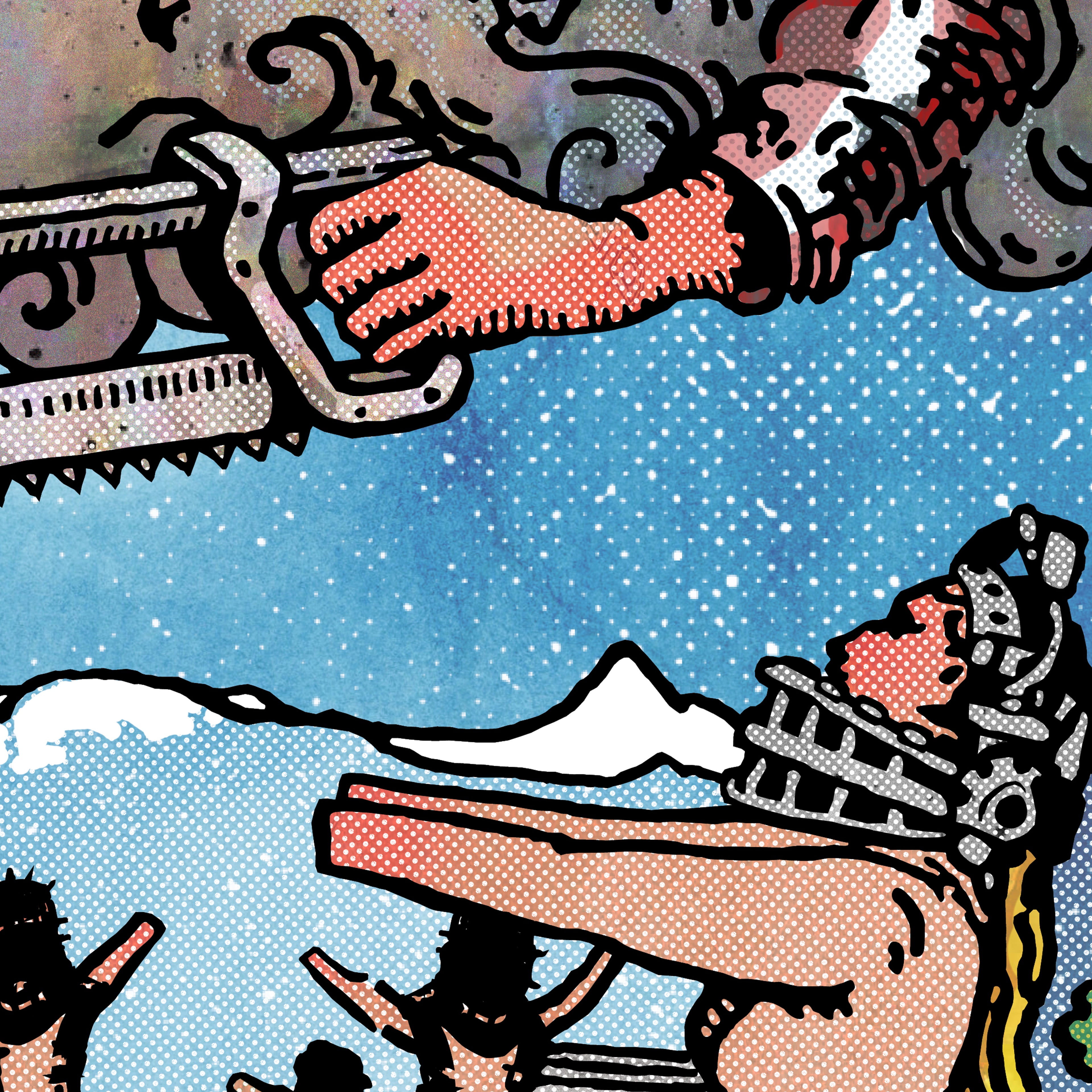 Close-up detail of the Judgement tarot-inspired fine art print by Matthew Pazzol, featuring mechanical figures, an outstretched hand, snowy mountains, and a blue sky.
