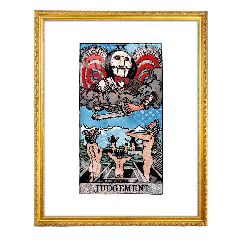 Judgement tarot-inspired fine art print by Matthew Pazzol, featuring a sinister puppet-like figure, saw blades, smoke, and bodies rising from open graves.