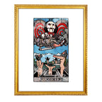 Judgement tarot-inspired fine art print by Matthew Pazzol, featuring a sinister puppet-like figure, saw blades, smoke, and bodies rising from open graves.