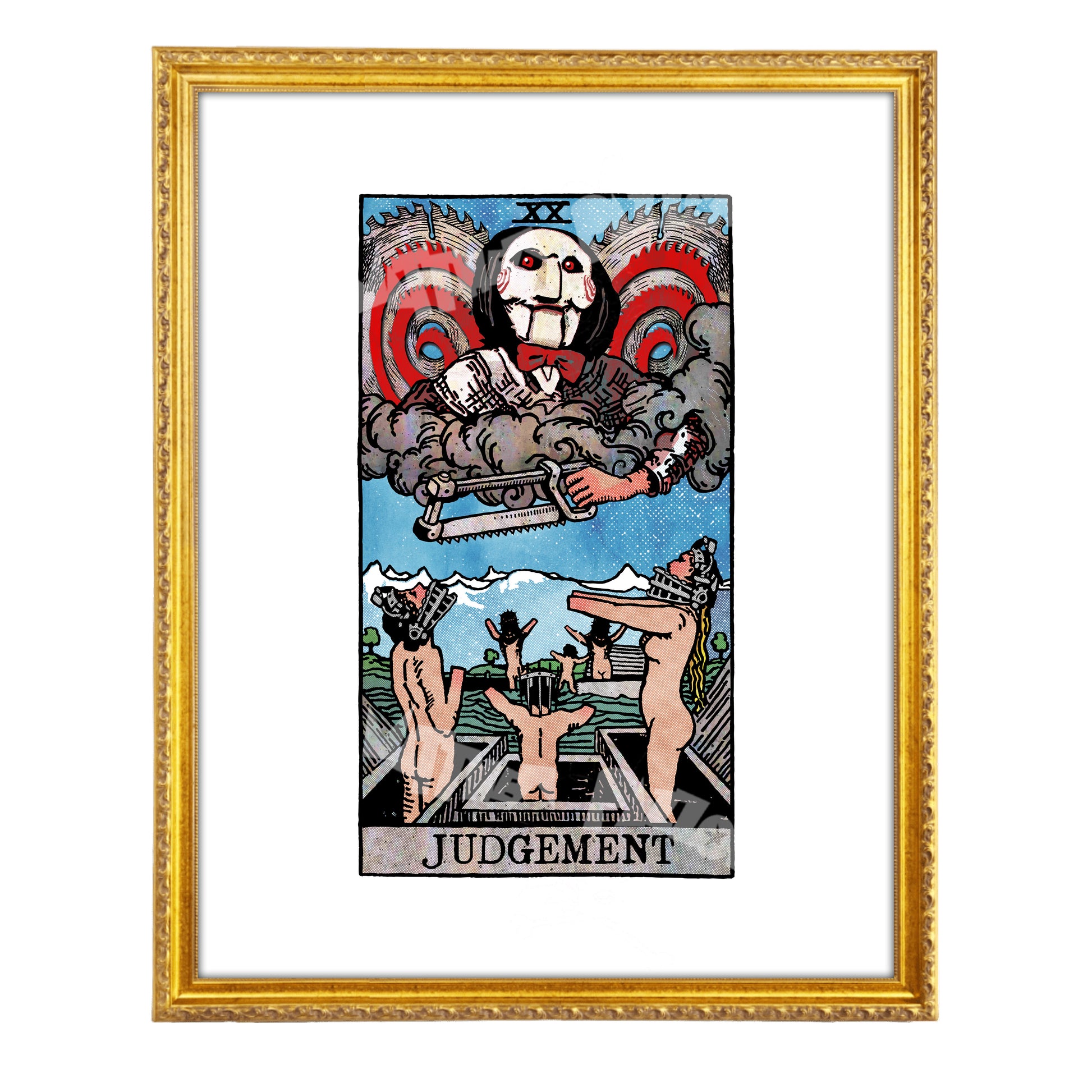Judgement tarot-inspired fine art print by Matthew Pazzol, featuring a sinister puppet-like figure, saw blades, smoke, and bodies rising from open graves.