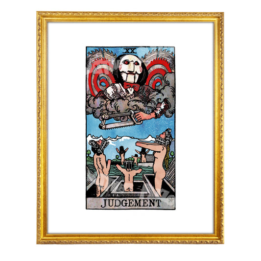 Judgement tarot-inspired fine art print by Matthew Pazzol, featuring a sinister puppet-like figure, saw blades, smoke, and bodies rising from open graves.