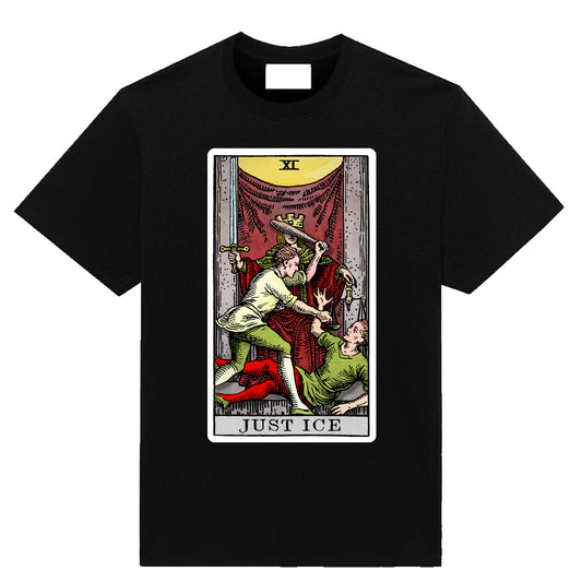 Black t-shirt featuring a Justice tarot card parody with the text “JUST ICE,” illustrated in a vintage tarot style