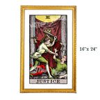 Justice tarot-inspired 16x24 fine art print by Matthew Pazzol, featuring a crowned figure holding a sword and scales while two figures struggle below.