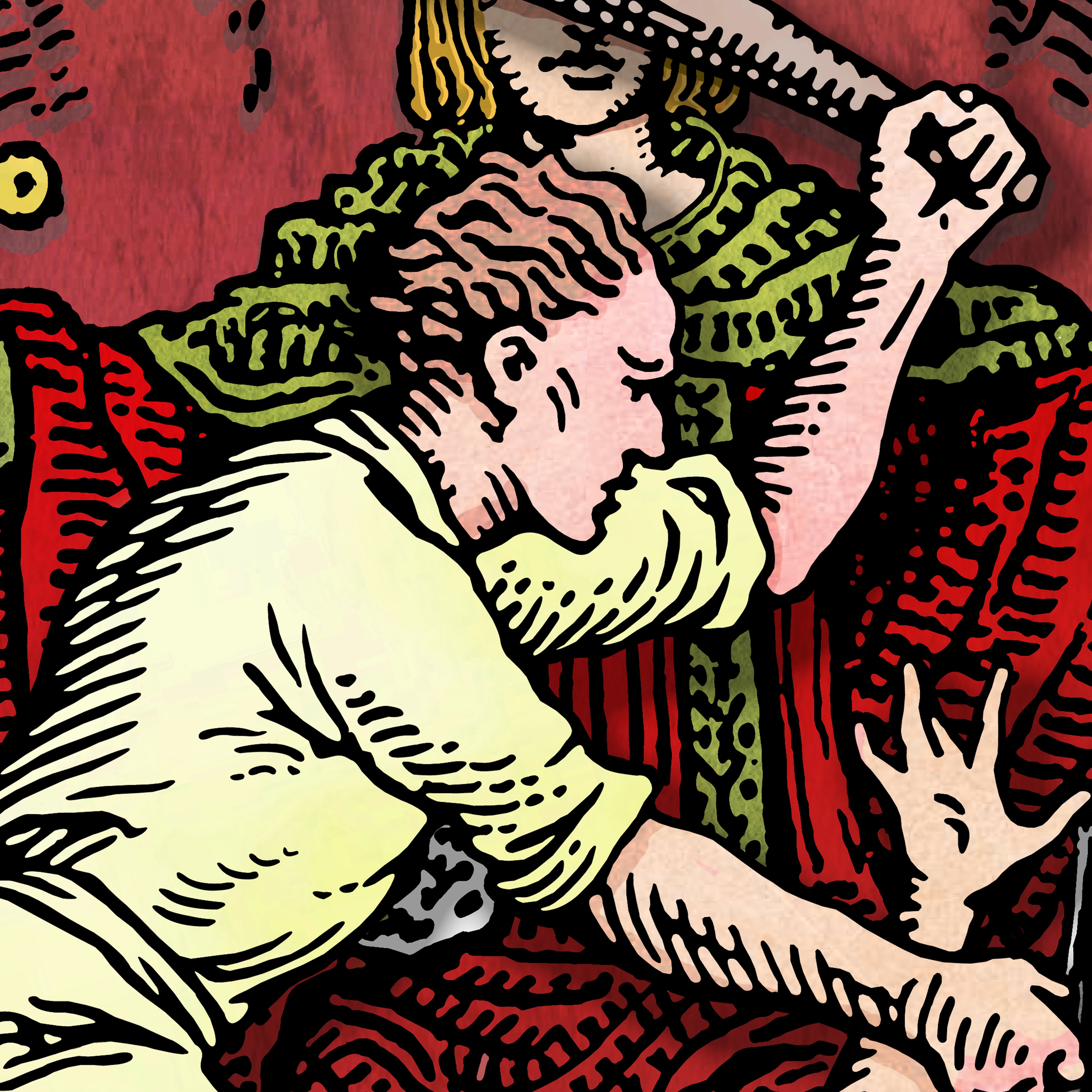 Close-up detail of the Justice tarot-inspired fine art print by Matthew Pazzol, featuring a dramatic courtroom scene with figures reaching toward a raised arm.