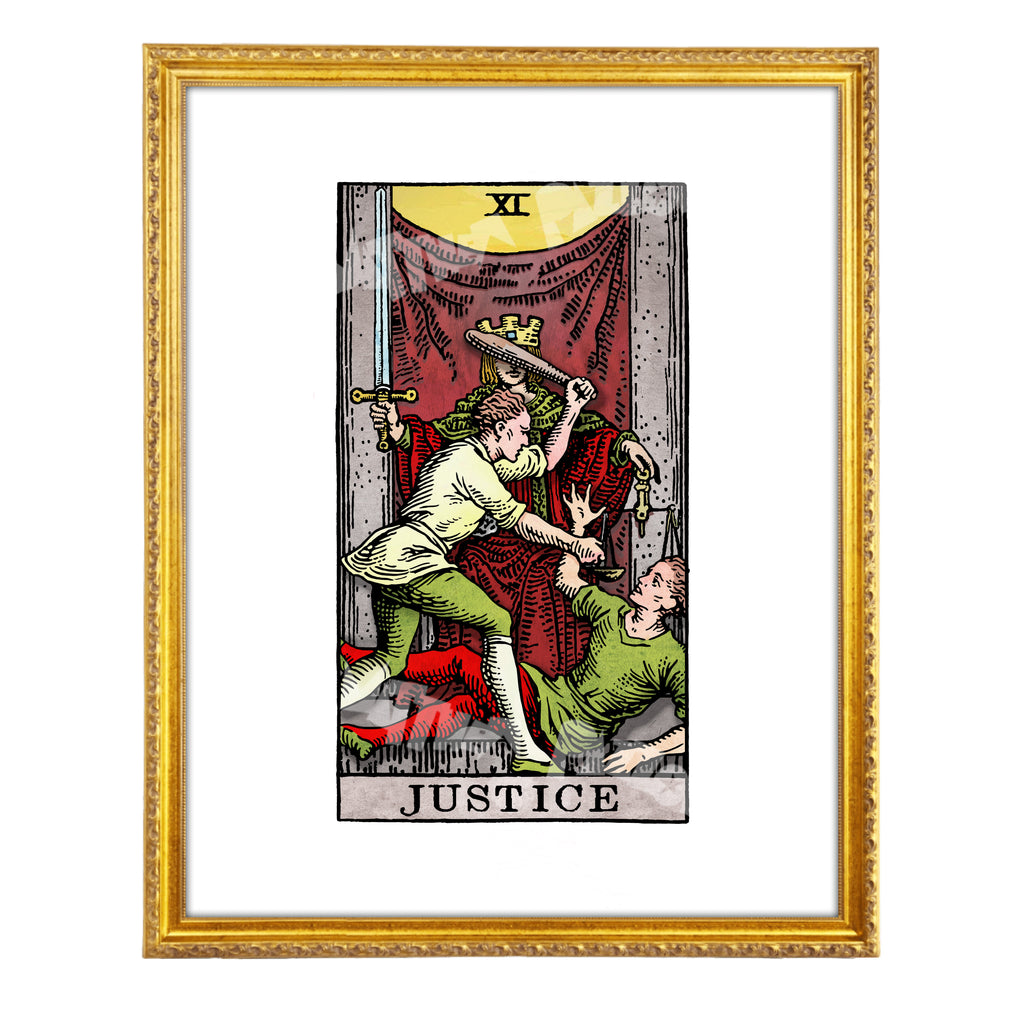 Justice tarot-inspired fine art print by Matthew Pazzol, featuring a crowned figure holding a sword and scales while two figures struggle below.