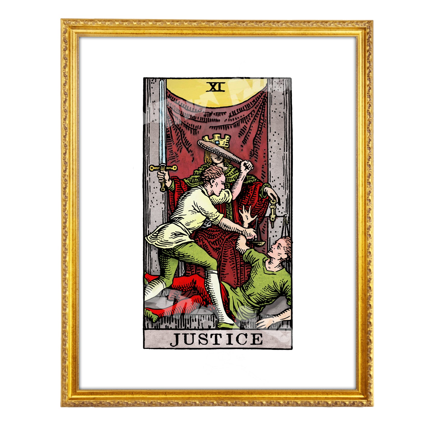 Justice tarot-inspired fine art print by Matthew Pazzol, featuring a crowned figure holding a sword and scales while two figures struggle below.